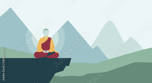 Peaceful Meditation Retreat: A Monk in Serene Mountain Landscape Illustration