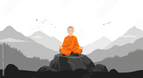 Peaceful Meditation Scene of Monk on Mountain Peak Practicing Spiritual Harmony