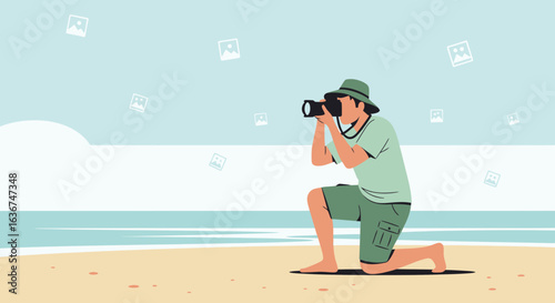 Man captures the serenity of the sea with his camera on a sunny beach day