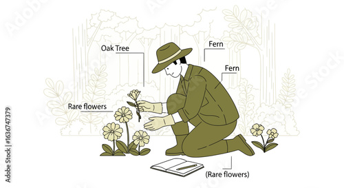 Man Botanist Examining Rare Flowers In A Forest Botanical Fieldwork