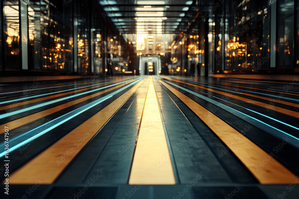 Fototapeta premium Glowing futuristic grid with alternating blue and gold lines in a modern corridor during sunset