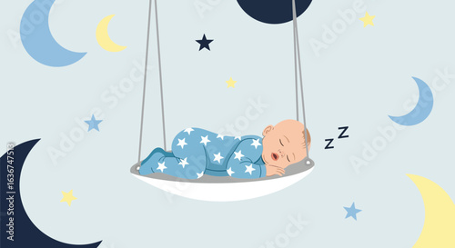 Peaceful Slumber Dreamy Infant Asleep Among Crescent Moons And Glimmering Stars