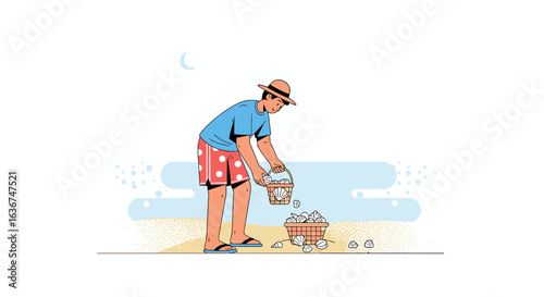 Man collecting seashells on the beach during summer vacation leisure activity relaxing scene capturing coastal beauty illustration
