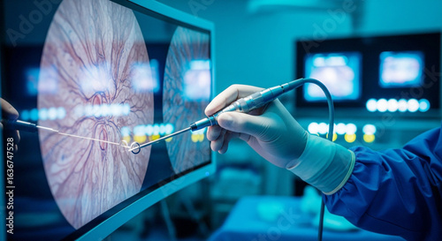 Surgeon's Hand Performing Minimally Invasive Surgery with Endoscopic View on Monitor in Operating Room