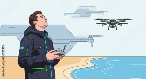 Man Controlling Drones Over The Scenic Beach With Modern Remote Controller