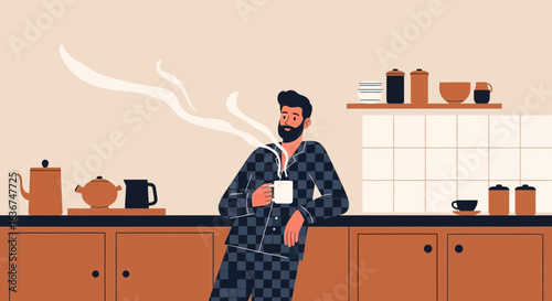 Man Enjoying Morning Coffee In Relaxing Kitchen Moment In Pajamas