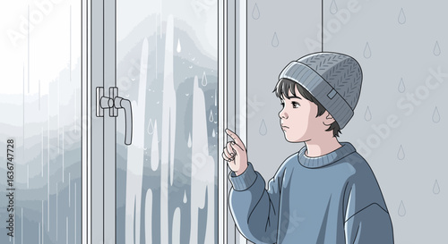 Pensive Boy Watches Raindrops Sliding Down Window On A Gloomy Day Inside