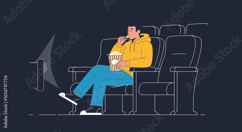 Man enjoying movie theater experience, eating popcorn and watching a film
