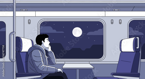 Pensive Commuter Gazing At Moonlit Scenery Through Train Window At Night