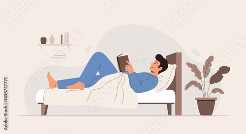 Man Enjoying Quiet Morning Reads In Bed With Peaceful Environment