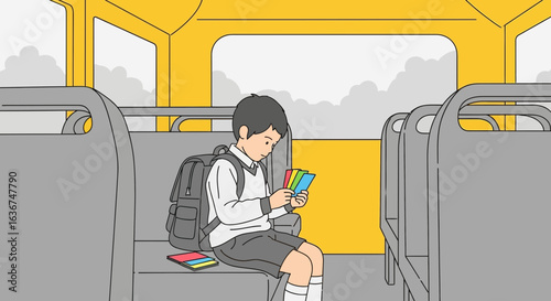Pensive Schoolboy On The Commute Looking At Flashcards Studying In A Public Bus