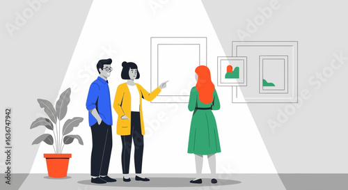 People Discussing Modern Art At An Art Gallery With Minimalist Design