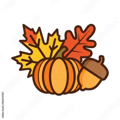 Vibrant autumn harvest illustration evoking a sense of seasonal warmth and festive celebration with a pumpkin, leaves, and acorn, bringing a touch of nature indoors