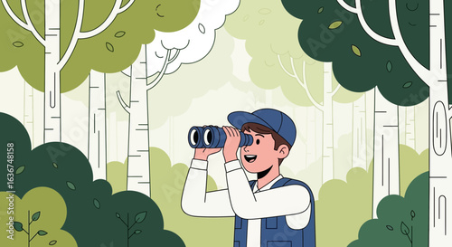 Man Looking Through Binoculars In Green Forest Discovering Wildlife Watching Nature