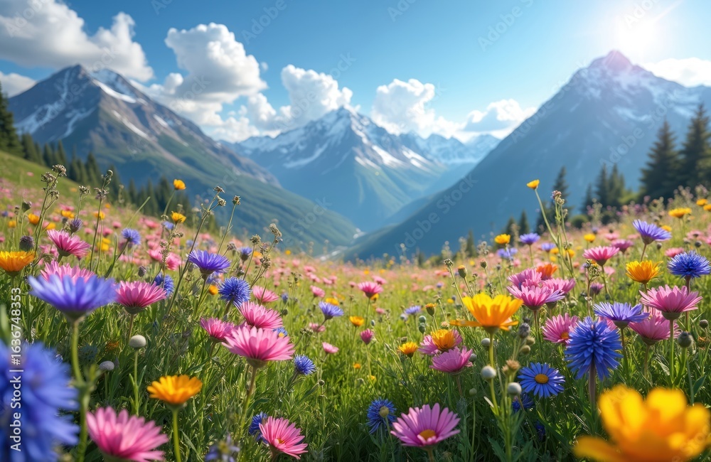 Fototapeta premium Vibrant mountain meadow bursting with colorful wildflowers like daisies, cosmos. Green grass under bright blue sky with fluffy clouds, sunlit peaks. Peaceful natural landscape in spring summer.