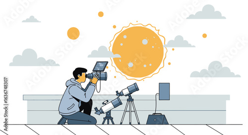 Man Observes Solar Phenomenon With Telescopes And Camera Capturing The Sun