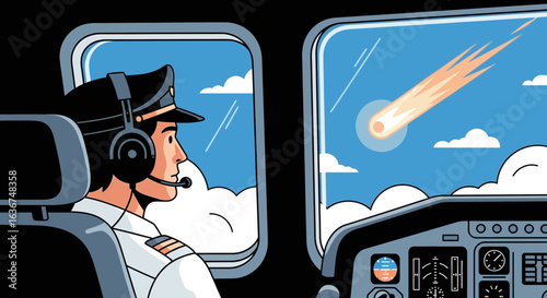 Pilot Witnessing Meteor Shower From Airplane Cockpit Illustration Style