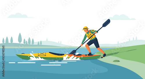 Man on Kayak Paddling in Tranquil Waters, Cartoon Illustration of Outdoor Adventure