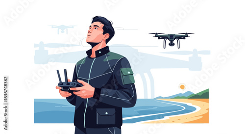 Man operating a drone on the beach with scenic landscape in the background