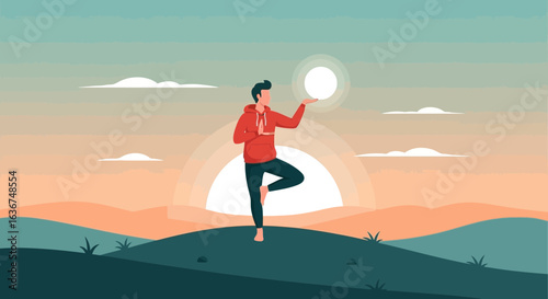 Man practicing yoga in nature landscape with sunset and mountains, enhancing wellness,mindfullness