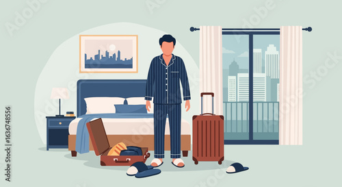 Man Prepares For a Business Trip In His Hotel Room With Skyline View