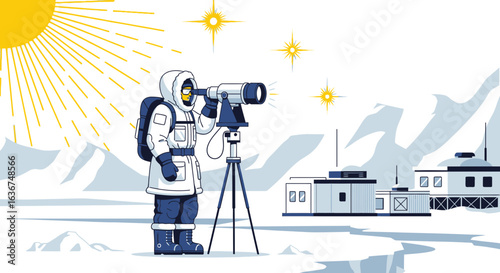Polar Exploration Scientist Observing Distant Stars In Arctic Landscape