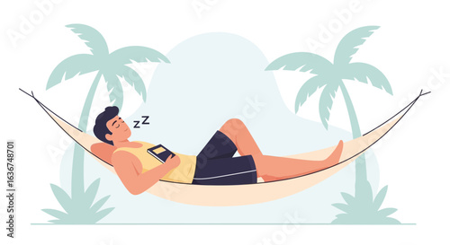 Man Relaxing In Hammock On Beach Vacation In Tropical Setting With Palm Trees