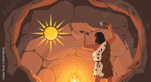 Primitive Art Ancient Civilizations A Woman Creates Art In A Cave With Firelight