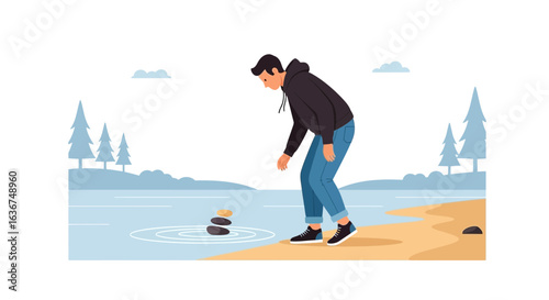 Man stacking stones on a peaceful beach for balance and tranquility by a serene lake landscape conveying relaxation and mindfulness
