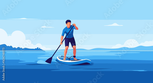 Man Stand Up Paddle Boarding On the Sea Active Sport Vacation