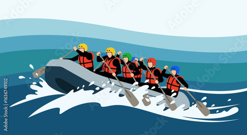 Rafting adventure: a group of people navigating rough waters in an inflatable boat enjoying teamwork and outdoor fun
