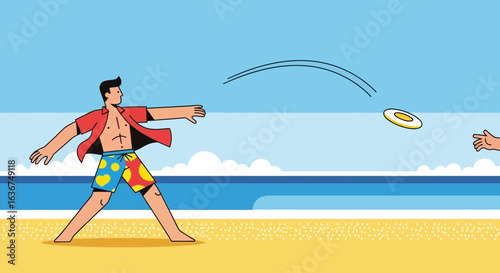 Man throwing a frisbee on a beach with a blue sky and ocean, summer vacation fun scene