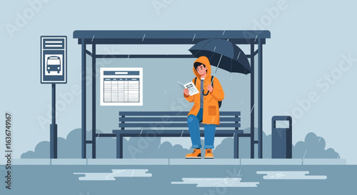 Man Under Umbrella Waiting In The Rain At The Bus Station Reading A Book