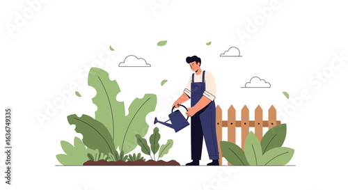 Man Water Plants In Garden With Watering Can In A Relaxing Atmosphere