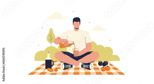 Relaxed Afternoon Picnic In Nature With Fresh Juice And Fruits Illustration