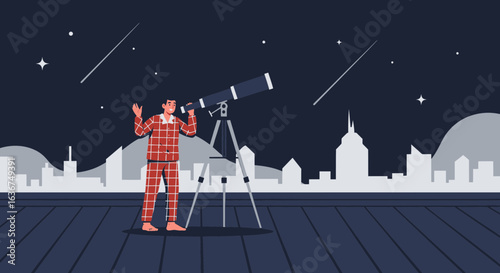 Man Watching Night Sky Using Telescope On The Roof At Home At Night