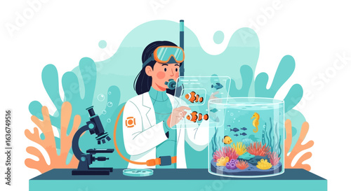 Marine Biologist Exploring Coral Reef Ecosystem And Underwater Life Using Augmented Reality