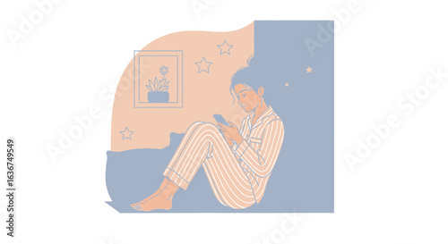 Relaxing night in: Woman scrolling on her phone in pajamas before sleep time