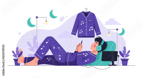 Relaxing Night Young Man Listens Music In Bed Wearing Pajamas And Using Phone