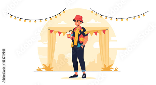 Relaxing Man with Drink at Festivities Under String Lights Illustration