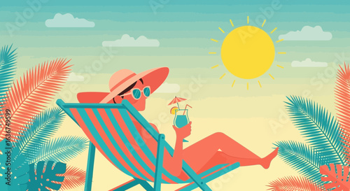 Relaxing Vacation Illustration With Woman On Beach Recliner And Tropical Cocktail