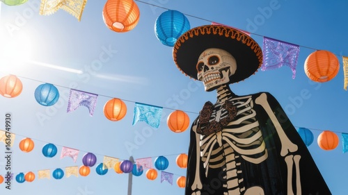 Skeleton in sombrero celebrates day of the dead with colorful decorations