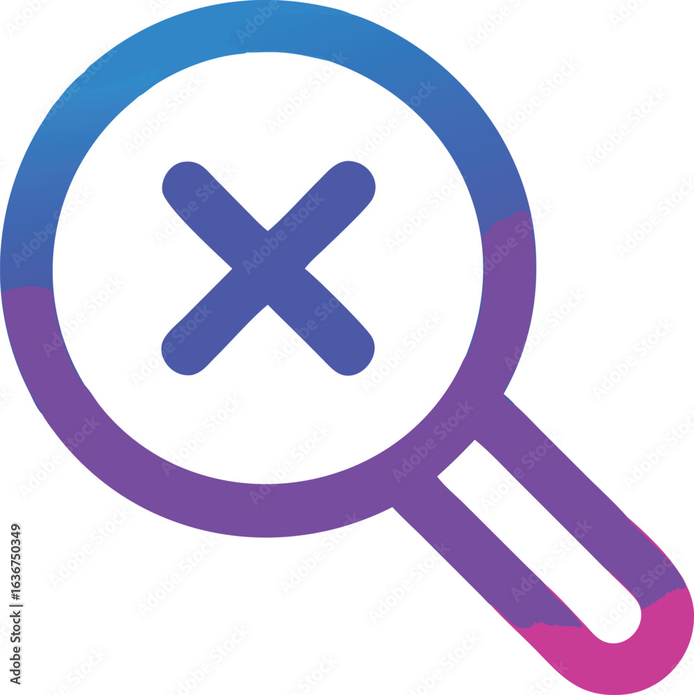 Fototapeta premium Gradient magnifying glass shows a cross mark symbolizing the error message, transparent background
