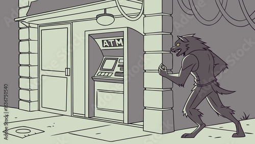 A menacing werewolf lurks in the shadows approaching an atm machine on a city street ready to withdraw cash with its sharp claws