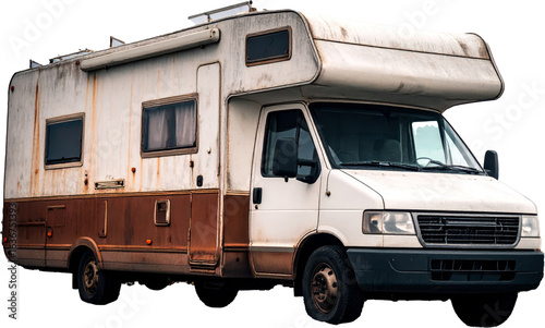 Old rusty camper van parked under cloudy sky symbolizing poverty and wanderlust