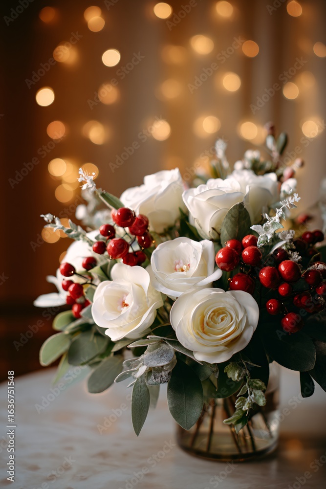 Obraz premium Winter Floral Arrangement with White Roses and Red Berries in Soft Light