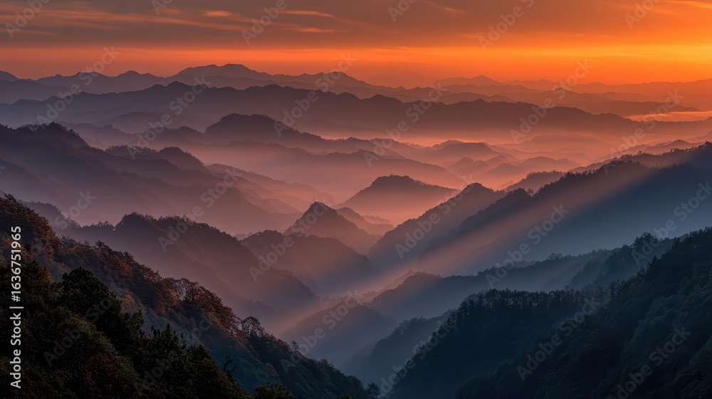 Obraz premium Serene Sunrise Over Misty Mountains in Vibrant Orange and Blue Hues