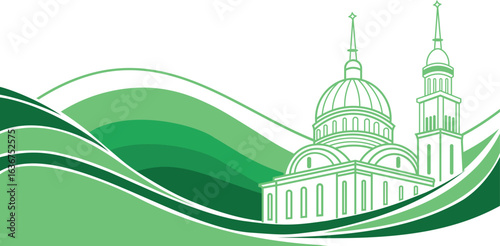 Green Mosque Silhouette with Wave Background Vector Design Adobe Illustrator Artwork