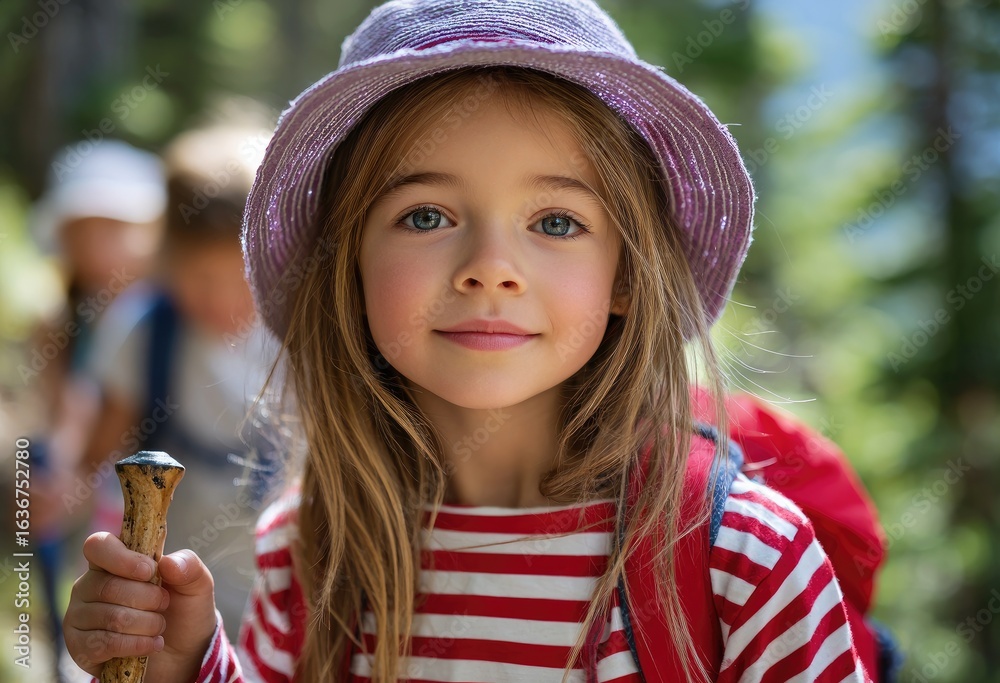children and parents hiking in the forest. One girl is wearing a red striped shirt with white stripes children and parents hiking in the forest. One girl is wearing a red striped shirt with white stripes