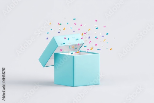 Bright blue box opens with colorful confetti bursting out, symbo